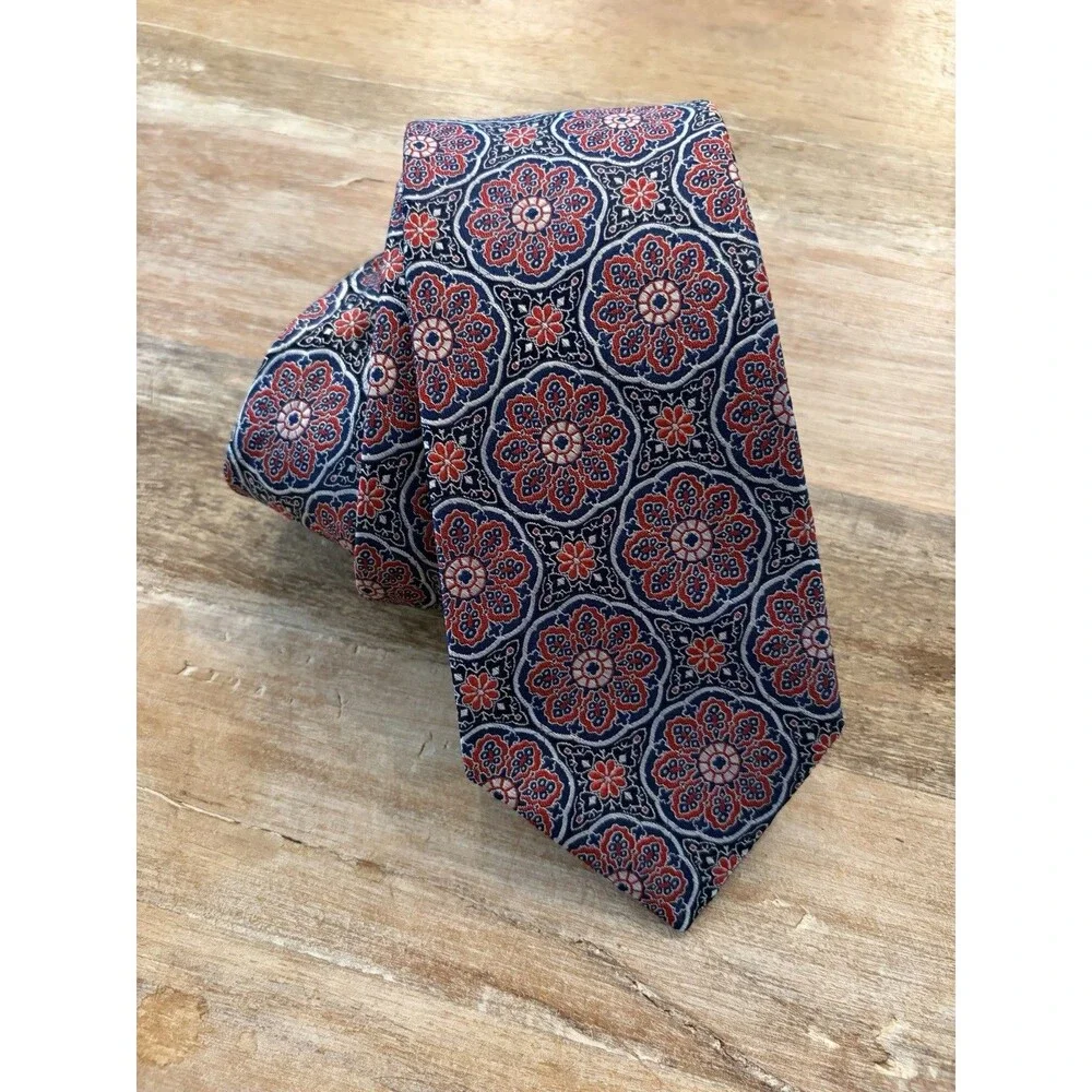 CREMIEUX Silk Tie Red & Blue Floral Medallion Jacquard Necktie 59” Made In Italy